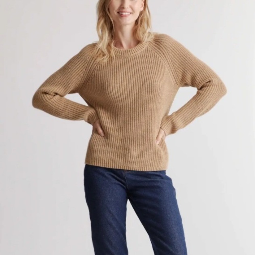 Quince 100% Organic Cotton Fisherman Crew Sweater Tan Size Medium